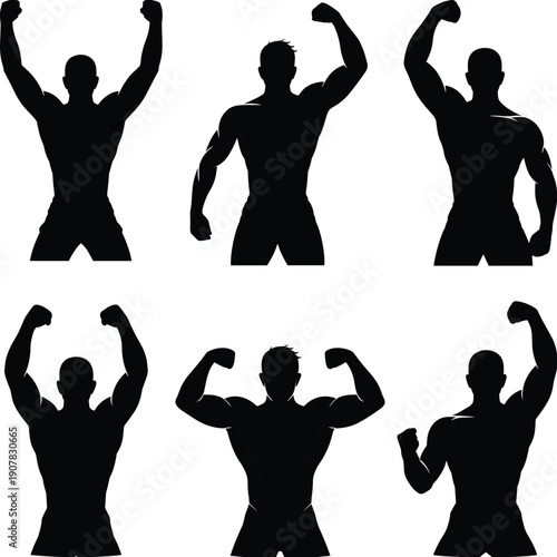 Muscular male silhouettes posing, bodybuilding fitness strength concept, flexing arms, athletic body shapes, workout motivation, gym training, flat vector illustration