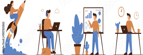 Startup and Business Growth Illustration Set Featuring Creative Launch, Remote Work, Data Analysis, and Professional Productivity Concepts
