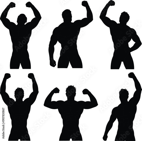 Muscular male silhouettes posing, bodybuilding fitness strength concept, flexing arms, athletic body shapes, workout motivation, gym art, flat vector illustration