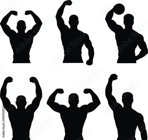 Muscular male silhouettes set, bodybuilding fitness strength poses, flexing arms gestures, athletic body shapes, workout motivation, gym training, flat vector illustration