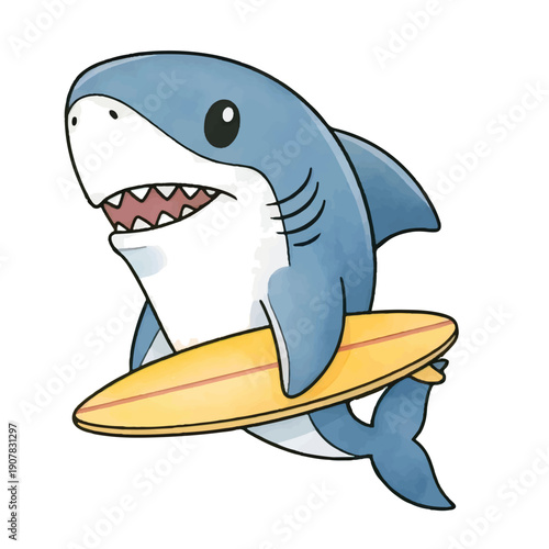 Funny cartoon shark swimming in the ocean with cute aquatic animals and waves
