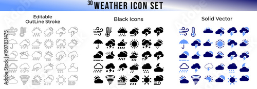 Weather forecast icon set vector with editable outline stroke, black solid, and blue solid styles for UI, app, website, presentation