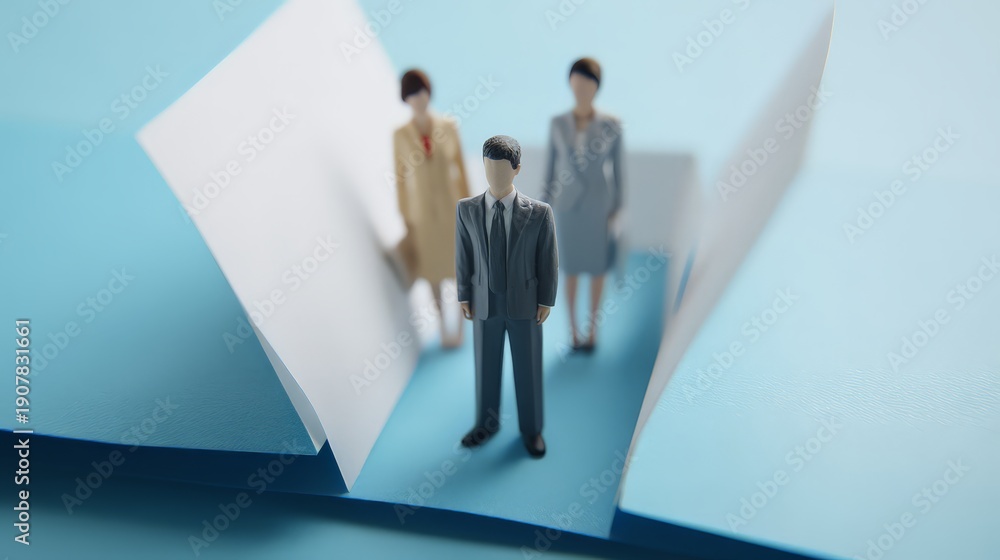 Fototapeta premium A sharp, focused figurine of a businessman in a dark suit stands at the forefront of a narrow path.