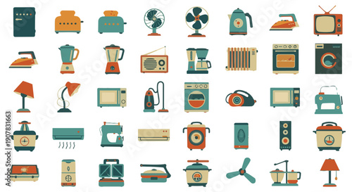 Retro home appliance icon set – vintage kitchen electronics and household devices vector collection