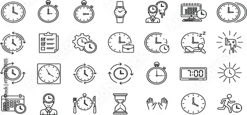 Time Management and Productivity Line Icon Set Featuring Clocks, Deadlines, Scheduling, Work Routines, Efficiency, and Business Planning Symbols