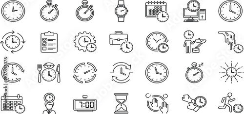 Time Management and Productivity Line Icon Set with Clocks, Deadlines, Scheduling, Workflows, Efficiency, and Business Planning Symbols