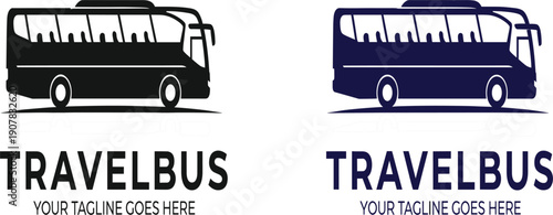Travel Bus Logo Design Vector with Modern Coach Silhouette and Editable Text Template for Transportation, Tourism, and Transit Branding