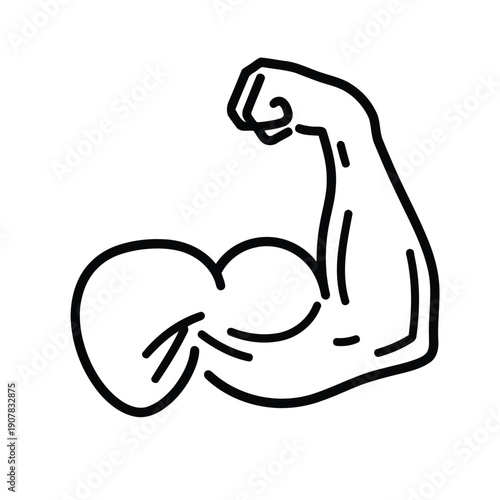 A simple black and white line drawing depicts a flexed muscular human arm demonstrating strength