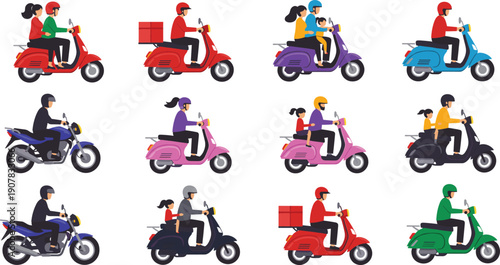 Scooter and Motorcycle Rider Vector Illustration Set with People Riding Motor Scooters and Bikes for Urban Transport Delivery and Traffic Design Projects