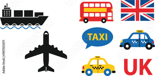 United Kingdom Transportation Icon Set with Bus, Taxi, Airplane, Ship, Flag, and Travel Symbols for Tourism and Mobility Design