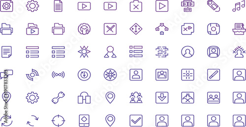 User Interface Line Icon Set with Media Controls, Files, Settings, Communication, Navigation, and Profile Symbols for Web and App Design