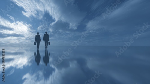 Wallpaper Mural A silhouettes of two business professionals—a man and a woman—walking side-by-side. Each carries a briefcase, emphasizing their professional status. Torontodigital.ca