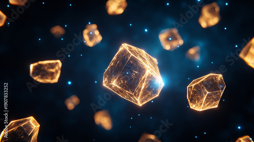 Glowing crystal floating space star colony high fidelity abstract blue orange fantasy futuristic digital art surreal cosmic energy light geometric polygon science fiction mysterious vibrant