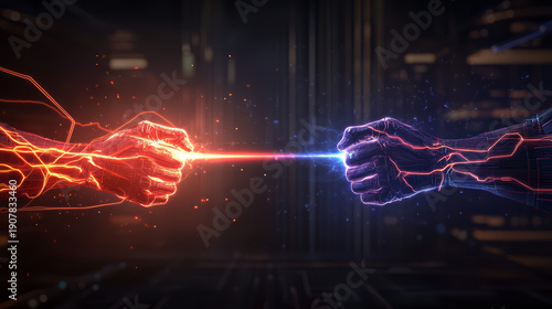 Glowing sorcerer hand and cybernetic warrior hand clash with energy beam in high fidelity, futuristic digital battle, intense and dramatic confrontation
