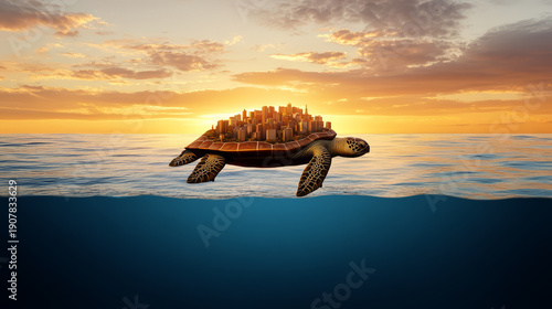 Giant turtle with city on its back moves slowly across ocean at sunset, blending fantasy and surrealism with warm, peaceful colors and high detail