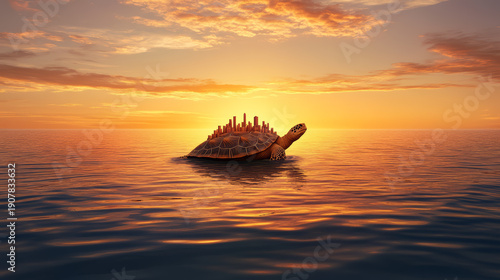 Giant turtle with city on its back moves slowly across calm ocean at sunset, creating surreal and peaceful fantasy landscape with warm golden light and tranquil water reflections