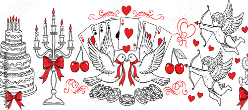 Vintage Love and Wedding Illustration Set with Cupid Angels, Playing Cards, Hearts, Candles, Cake, and Romantic Casino Symbols