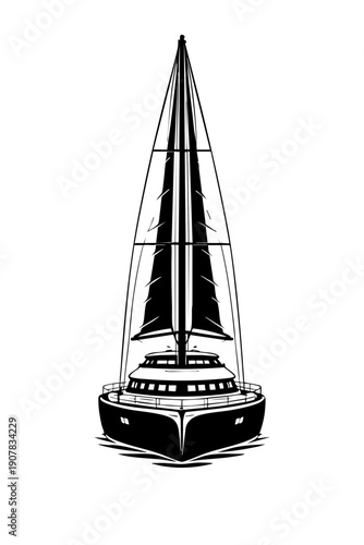 Front view of a sailing yacht with symmetrical composition, bow centered and mast rising vertically