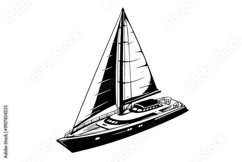 Isometric view of a sailing yacht showing hull geometry, mast, sails, and deck layout