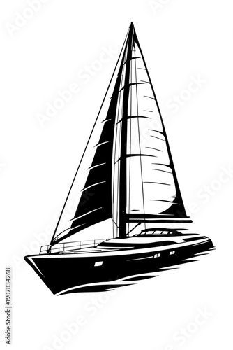 Low-angle perspective of a sailing yacht emphasizing tall mast