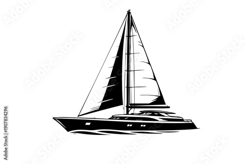 Side profile view of a sailing yacht showing long hull, tall mast, and raised sails