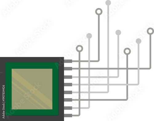 Central processor chip with electronic circuit lines representing digital technology, data processing, computer hardware and modern microchip systems