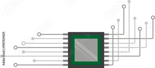 Central processor chip with electronic circuit lines representing digital technology, data processing, computer hardware and modern microchip systems