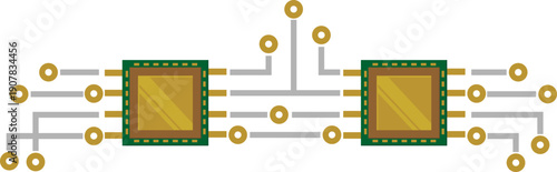 Central processor chip with electronic circuit lines representing digital technology, data processing, computer hardware and modern microchip systems