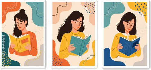 Women Reading Books Modern Flat Illustration Set with Abstract Backgrounds Representing Education, Learning, Reading Habits, Knowledge, and Creative Lifestyle Concepts
