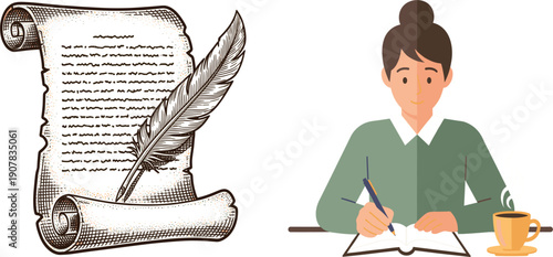Writing Concept Illustration with Vintage Scroll and Quill Pen Paired with Modern Author Writing Book for Literature, Storytelling, and Creative Content Design