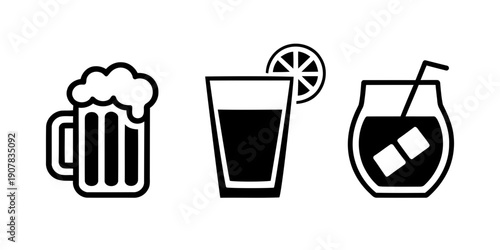 Minimalist beer mug, juice glass, and iced cocktail vector icons set