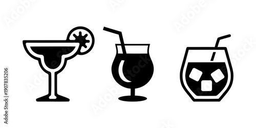Set of cocktail drink icons with margarita hurricane and rocks glass