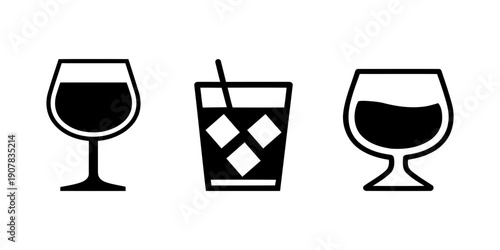 Drink glass icons set wine, cocktail with ice, and brandy snifter. set of wine glasses