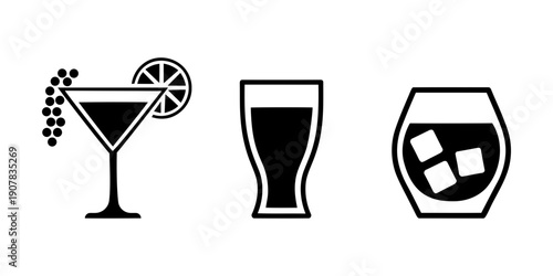 Alcohol drink icons set. cocktail, beer, and whiskey glass. glass of champagne vector