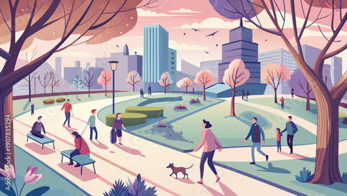 Modern city park illustration with people walking, relaxing and enjoying urban green space with trees, paths and skyline during a calm autumn day