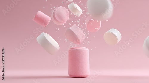 A cylindrical pink container with explosive freshness and tactile softness, featuring a beautiful candy-pink palette.