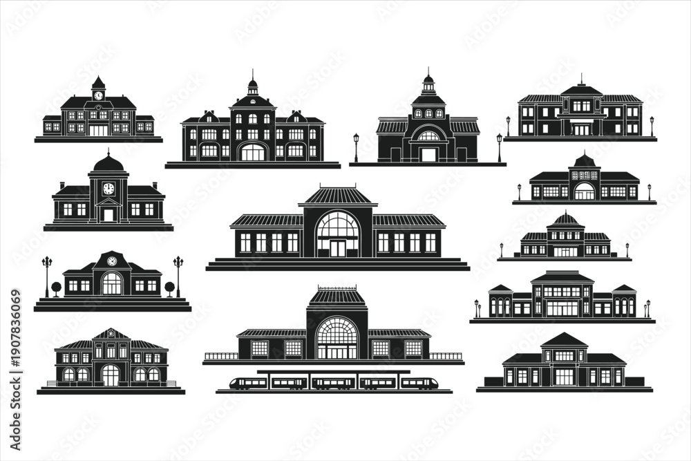 Fototapeta premium Black and White Transportation Buildings Icon Set