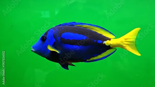 A vibrant blue tang fish with black markings and a bright yellow tail fin swimming in an aquarium with a green background.
