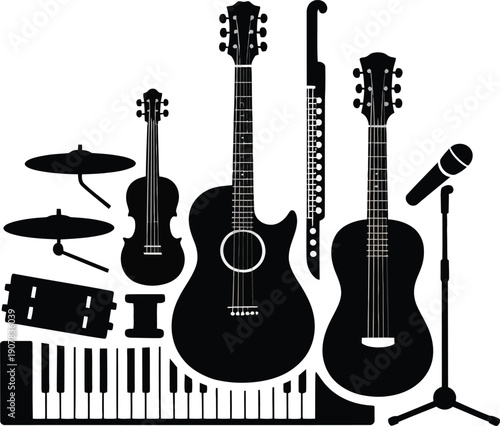 Complete musical instruments silhouette collection in black and white, minimalist vector art featuring guitar, piano, drums, and microphone for concert posters, music education, and band branding
