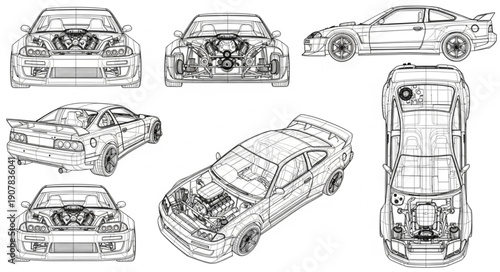 Car Technical Drawings Multiple Views.