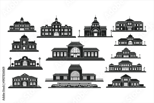 Black and White Transportation Buildings Icon Set