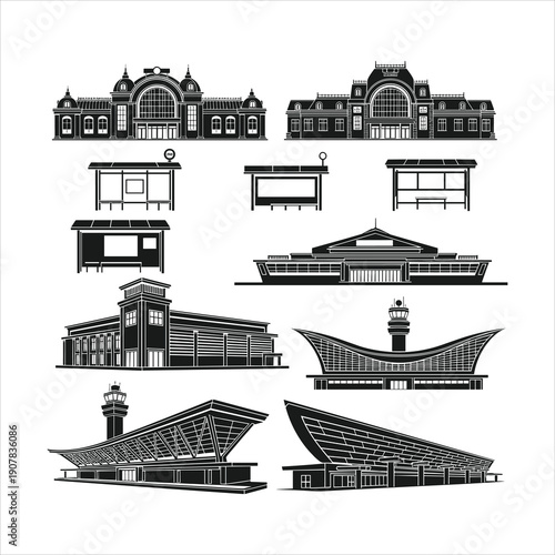 Black and White Transportation Buildings Icon Set