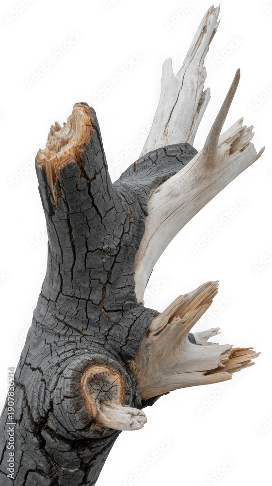 Fototapeta premium Twisted burnt tree fragment with dark charred bark and exposed light-colored wood, isolated on white