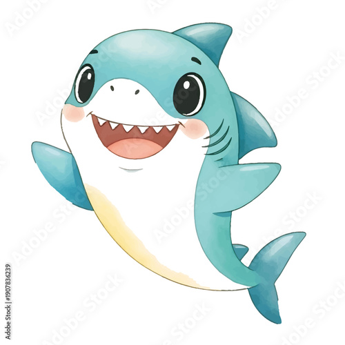 Cute cartoon dolphin swimming in blue ocean with other marine animals