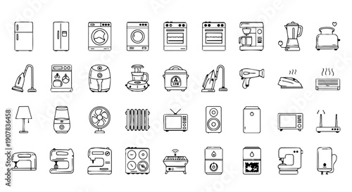 Home appliance outline icon set – kitchen and household electronics line vector collection