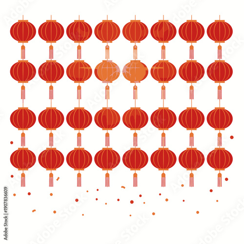 Decorative Red Lanterns Arranged in Rows, Embellished with Scattered Confetti for Festive Celebrations and Cultural Events
