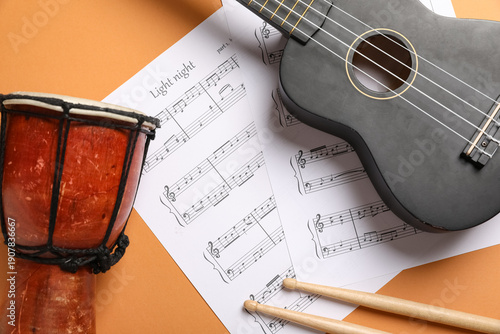 Ukulele, drum, sticks and m...