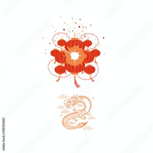 Decorative Chinese New Year Lanterns and Dragon Motif Illustration