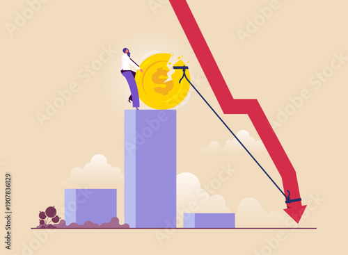 Financial crashes and economic downturns affecting investor, economic recession or investment loss or stock market falling down, businesswoman goes bankrupt and loses money from investment