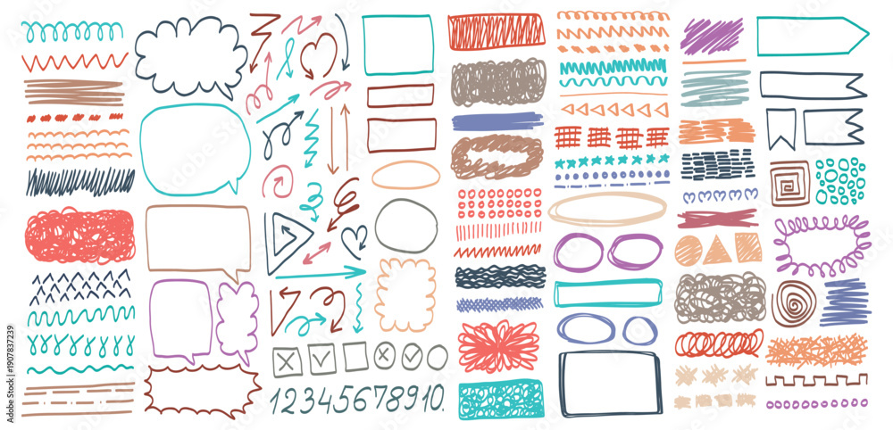 Obraz premium Collection of colorful hand-drawn doodle elements including arrows, speech bubbles, scribbles, numbers, lines, checkboxes, and sketchy shapes.